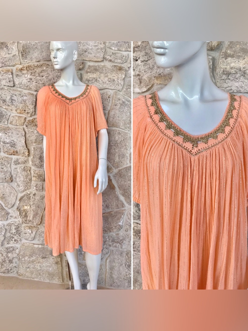 Rare 1970s Greek Cotton Gauze Kaftan Metallic Gold Openwork Lace Trim Neck Boho
